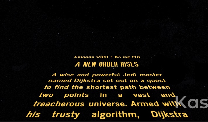 Image of a playful generated explanation of Dijkstra's algorithm in the style Star Wars opening text crawl.